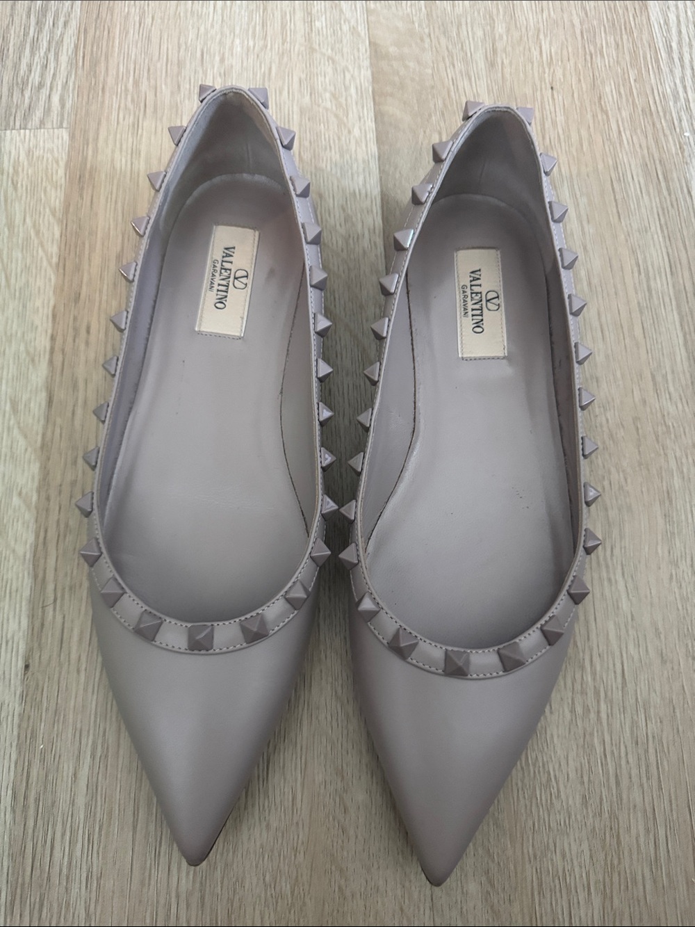 Valentino Rockstud Pointed-Toe Flats in Taupe Leather